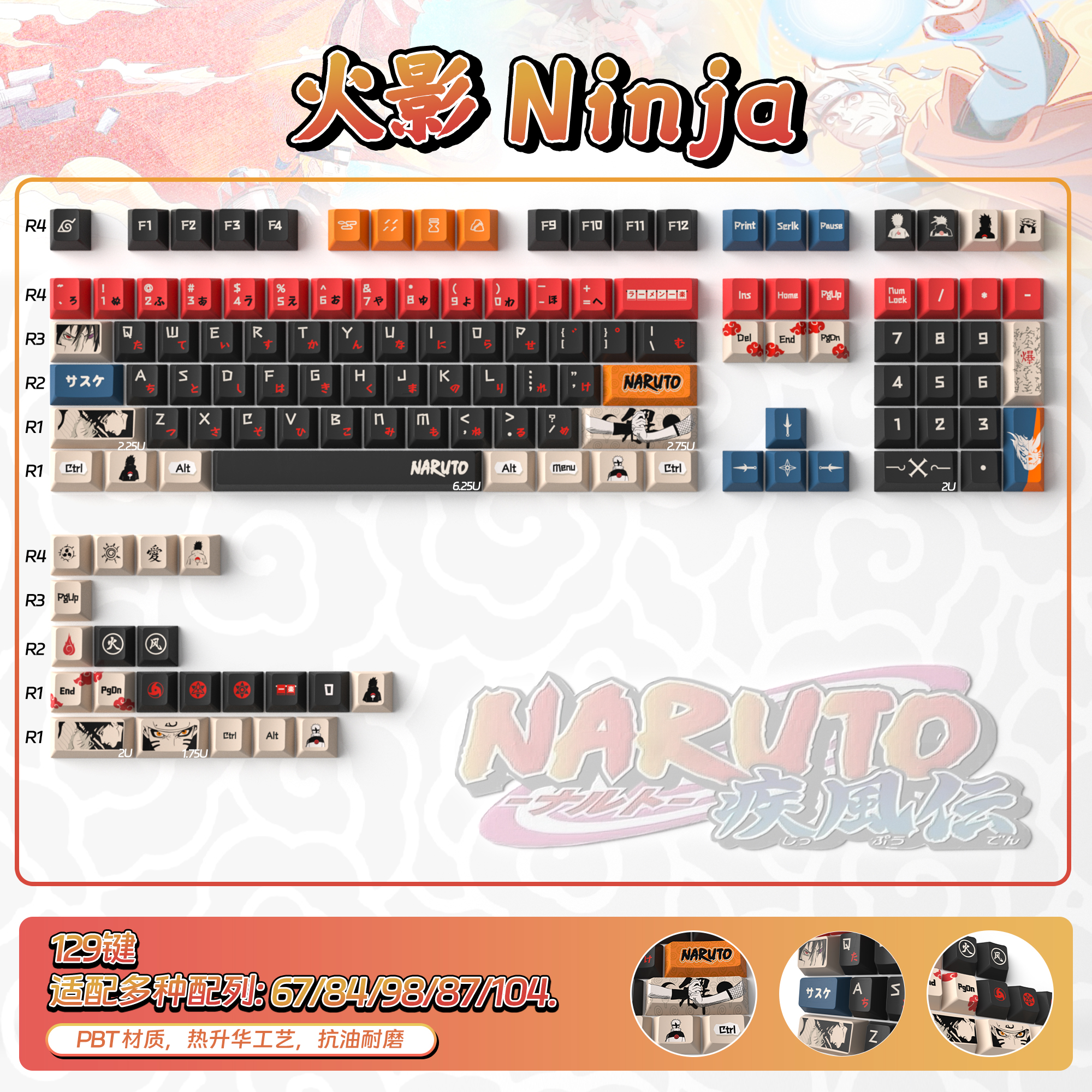 Naruto PBT Keycaps – Cherry Profile (129 Keys)